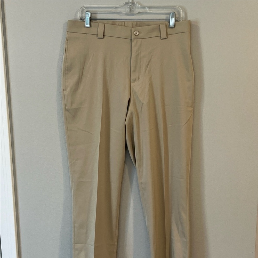 Slazenger Chino Pants Mens 32 x  32 Khaki Flat Front Golf Zip Fly Stretch